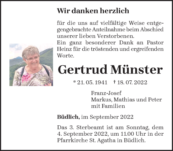 Todesanzeige von Gertrud Münster von trierischer_volksfreund