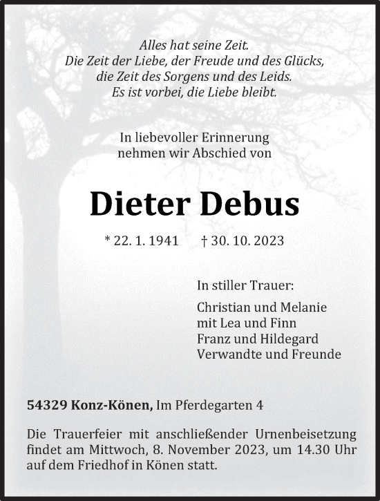 Todesanzeige von Dieter Debus von trierischer_volksfreund