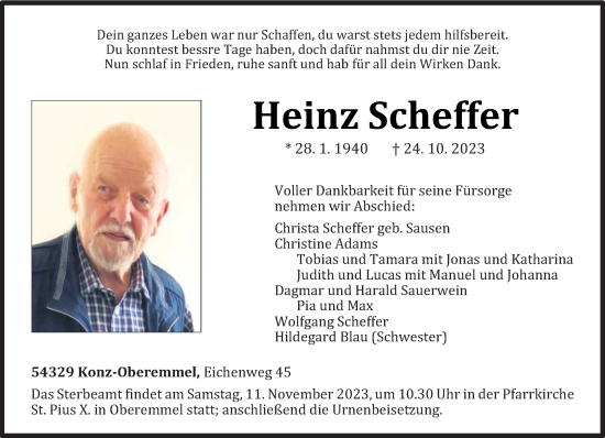 Todesanzeige von Heinz Scheffer von trierischer_volksfreund