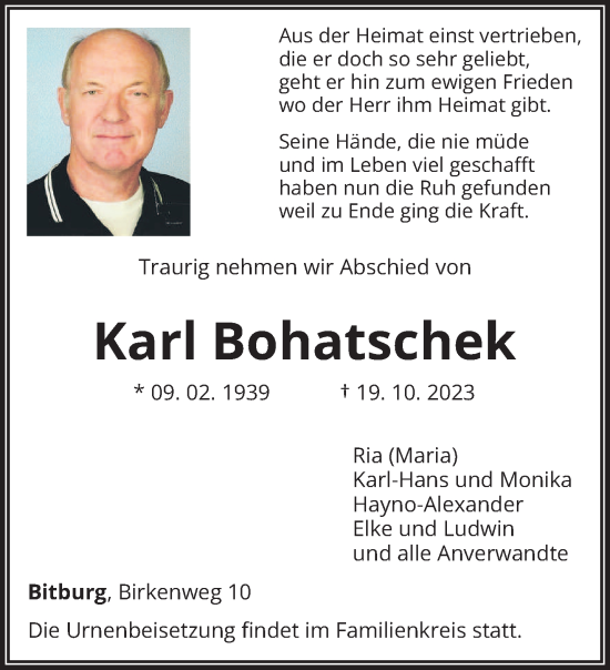 Todesanzeige von Karl Bohatschek von trierischer_volksfreund