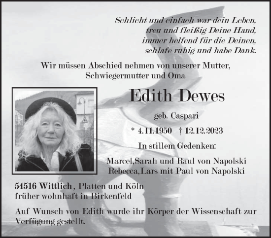 Todesanzeige von Edith Dewes von trierischer_volksfreund