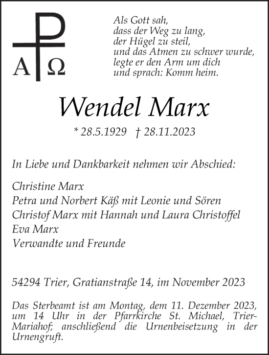Todesanzeige von Wendel Marx von trierischer_volksfreund