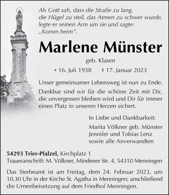 Todesanzeige von Marlene Münster von trierischer_volksfreund