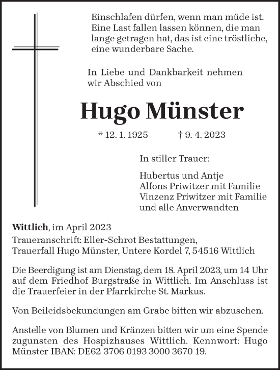Todesanzeige von Hugo Münster von trierischer_volksfreund