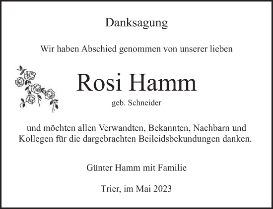 Todesanzeige von Rosi Hamm von trierischer_volksfreund