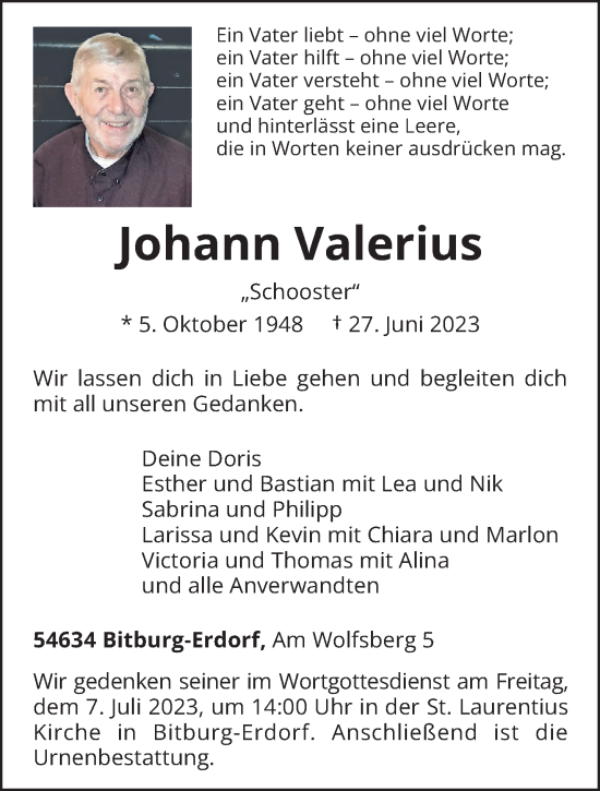 Todesanzeige von Johann Valerius von trierischer_volksfreund