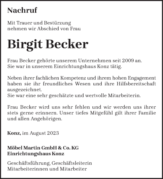 Todesanzeige von Birgit Becker von trierischer_volksfreund