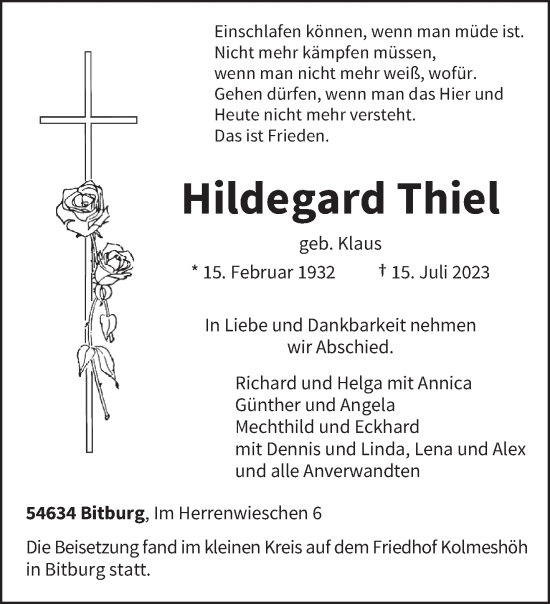 Todesanzeige von Hildegard Thiel von trierischer_volksfreund