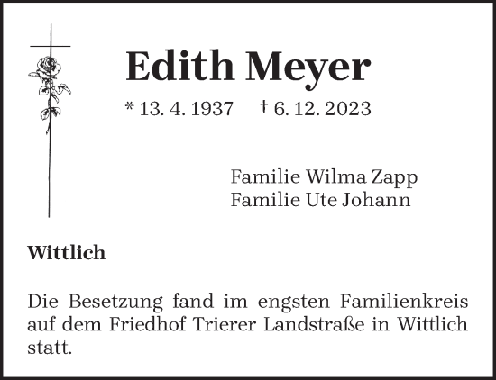 Todesanzeige von Edith Meyer von trierischer_volksfreund