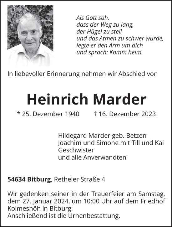 Todesanzeige von Heinrich Marder von trierischer_volksfreund