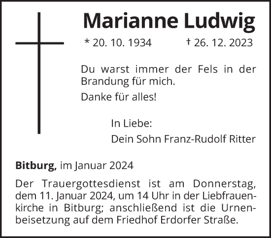 Todesanzeige von Marianne Ludwig von trierischer_volksfreund
