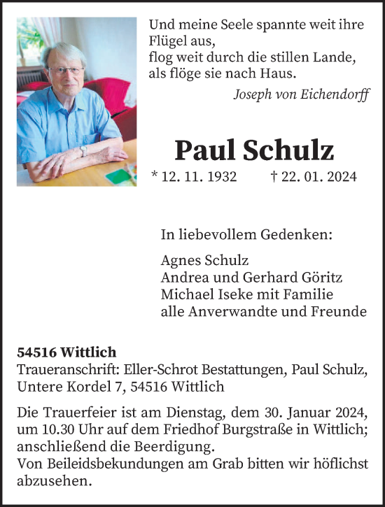 Todesanzeige von Paul Schulz von trierischer_volksfreund