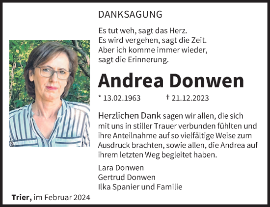 Todesanzeige von Andrea Donwen von trierischer_volksfreund