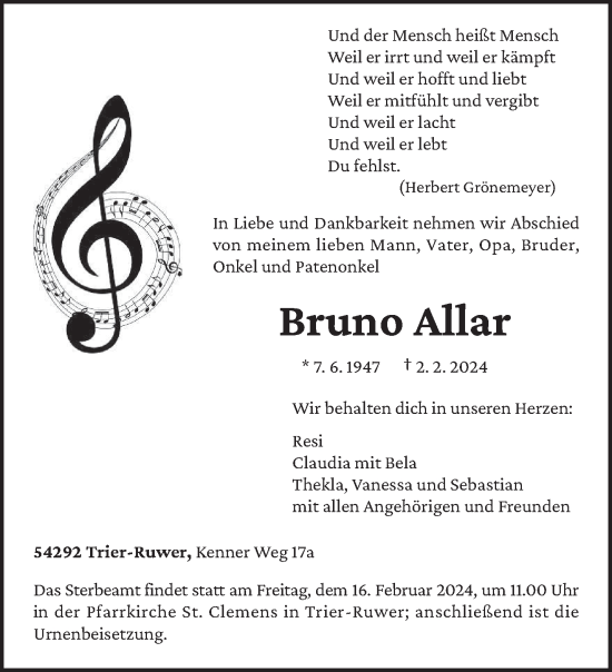 Todesanzeige von Bruno Allar von trierischer_volksfreund