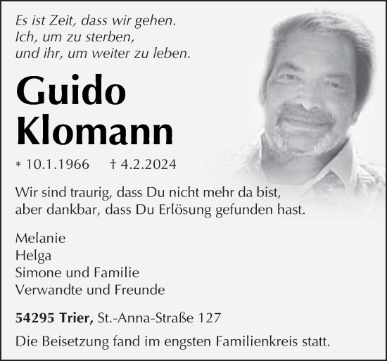 Todesanzeige von Guido Klomann von trierischer_volksfreund