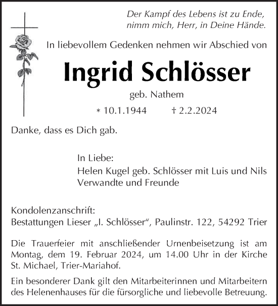 Todesanzeige von Ingrid Schlösser von trierischer_volksfreund