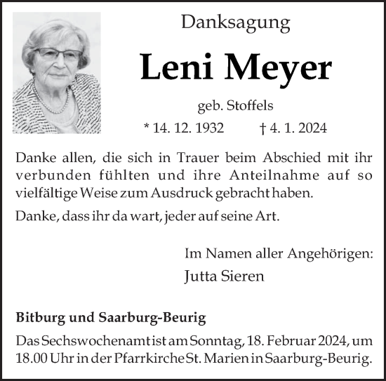Todesanzeige von Leni Meyer von trierischer_volksfreund