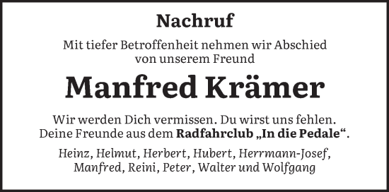Todesanzeige von Manfred Krämer von trierischer_volksfreund