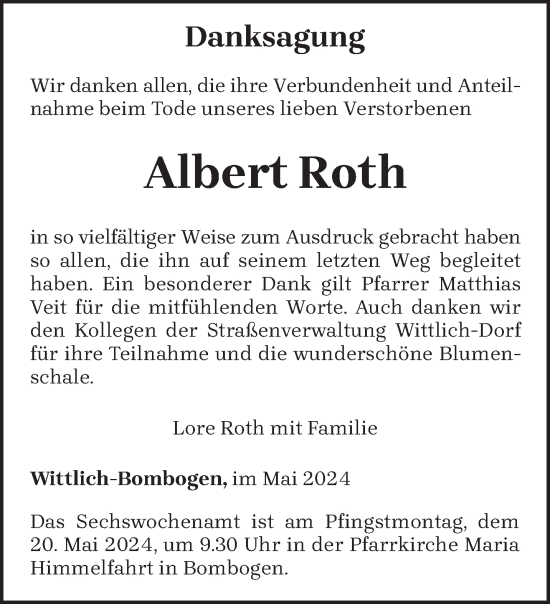 Todesanzeige von Albert Roth von trierischer_volksfreund