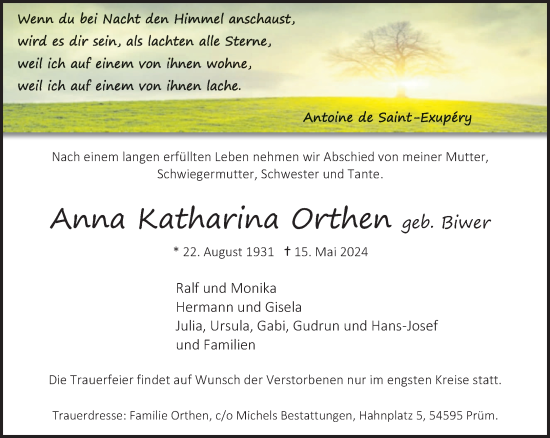 Todesanzeige von Anna Katharina Orthen von trierischer_volksfreund