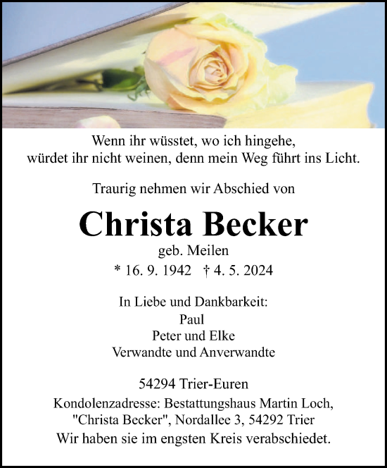 Todesanzeige von Christa Becker von trierischer_volksfreund