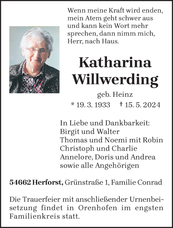 Todesanzeige von Katharina Willwerding von trierischer_volksfreund