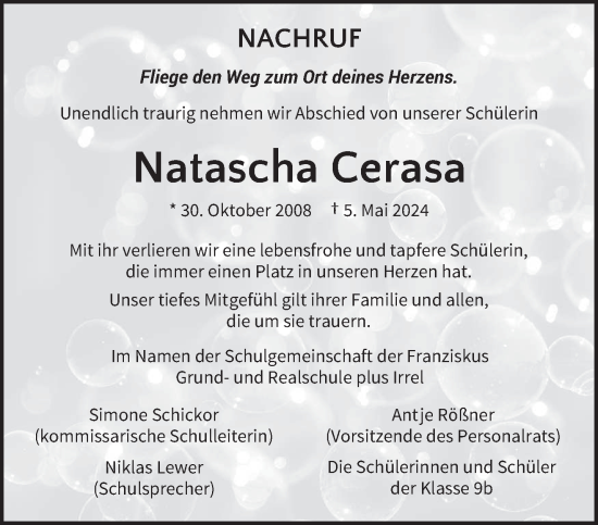Todesanzeige von Natascha Cerasa von trierischer_volksfreund