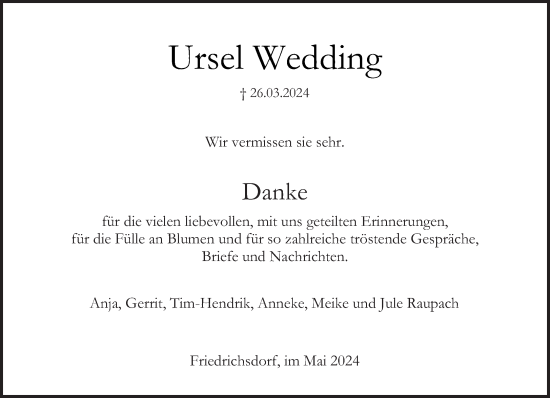 Todesanzeige von Ursel Wedding von trierischer_volksfreund