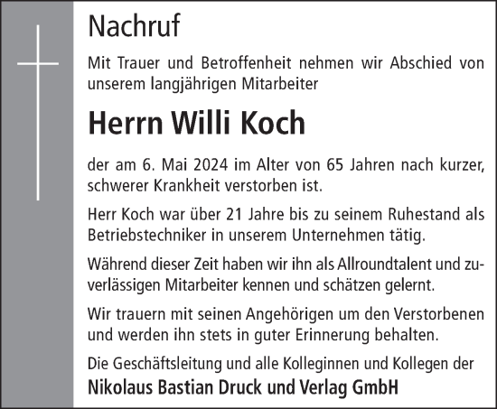 Todesanzeige von Willi Koch von trierischer_volksfreund