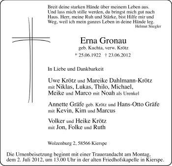Todesanzeige von Erna Gronau von WESTFÄLISCHER ANZEIGER