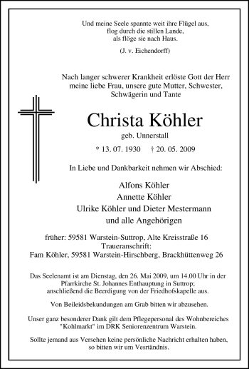 Todesanzeige von Christa Köhler von WESTFÄLISCHER ANZEIGER