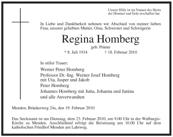 Todesanzeige von Regina Homberg von WESTFÄLISCHER ANZEIGER