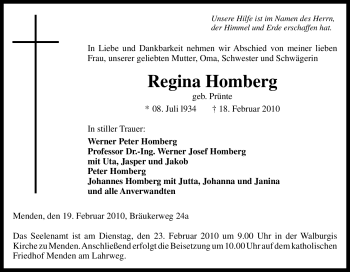 Todesanzeige von Regina Homberg von WESTFÄLISCHER ANZEIGER