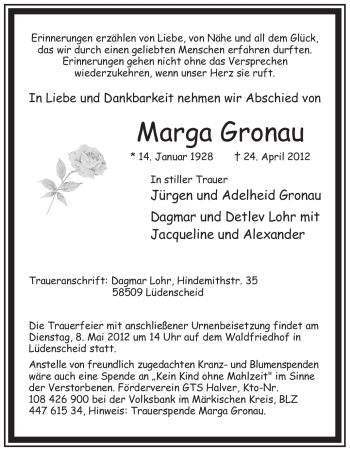 Todesanzeige von Marga Gronau von WESTFÄLISCHER ANZEIGER