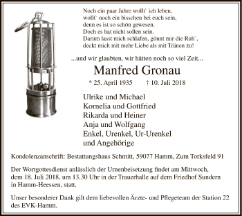 Todesanzeige von Manfred Gronau von MZV