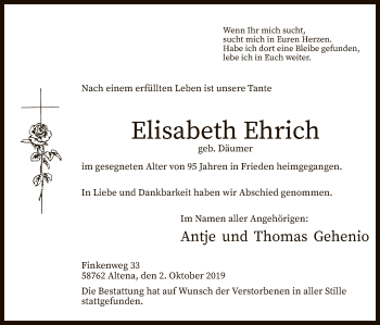 Todesanzeige von Elisabeth Ehrich von MZV
