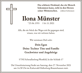 Todesanzeige von Ilona Münster von WA