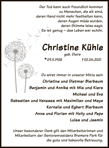 Todesanzeige von Christine Kühle von WA
