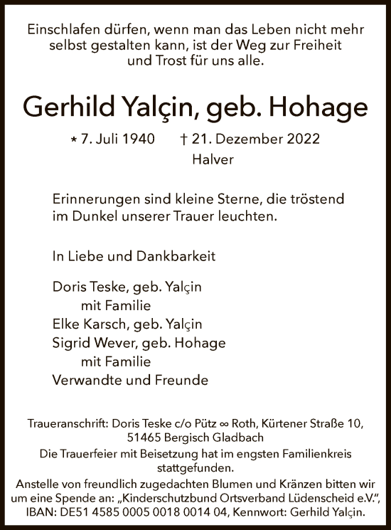 Todesanzeige von Gerhild Yalcin von WA
