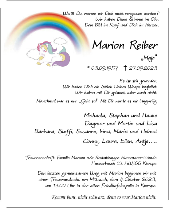 Todesanzeige von Marion Reiber von WA