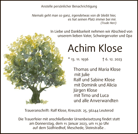 Todesanzeige von Achim Klose von WA