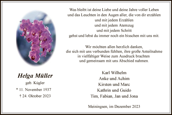 Todesanzeige von Helga Müller von WA