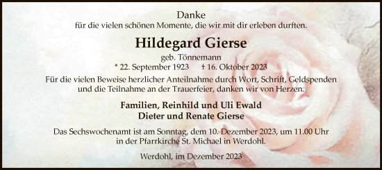 Todesanzeige von Hildegard Gierse von WA