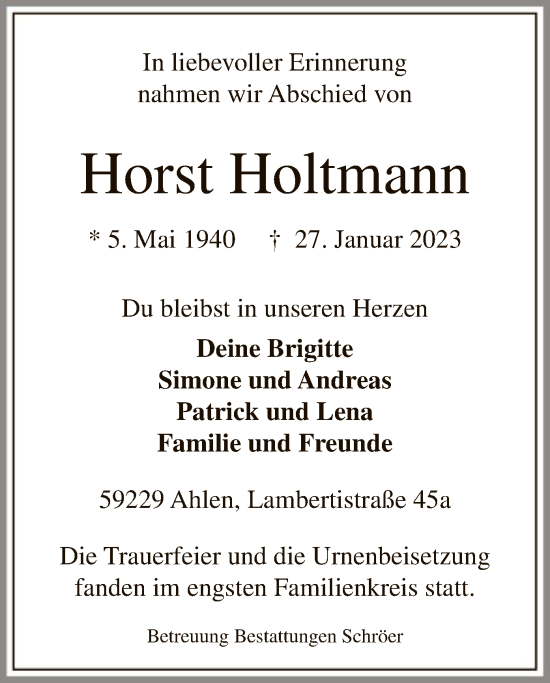 Todesanzeige von Horst Holtmann von WA