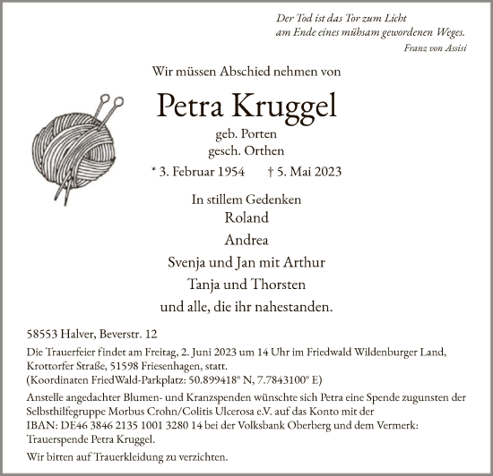 Todesanzeige von Petra Kruggel von WA
