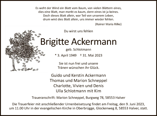 Todesanzeige von Brigitte Ackermann von WA