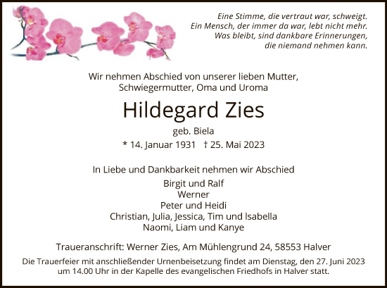 Todesanzeige von Hildegard Zies von WA