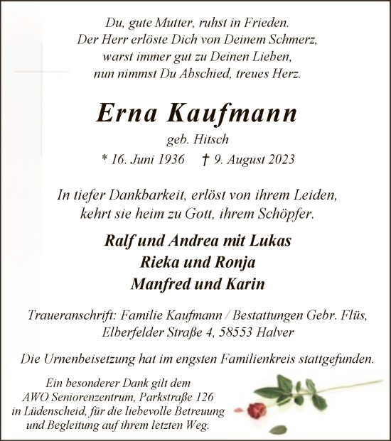 Todesanzeige von Erna Kaufmann von WA