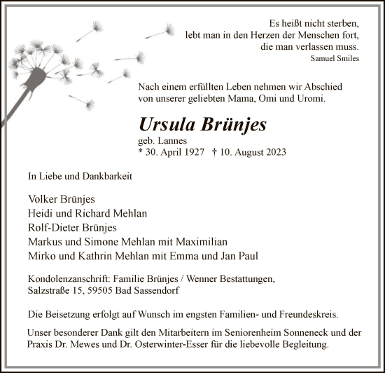 Todesanzeige von Ursula Brünjes von WA