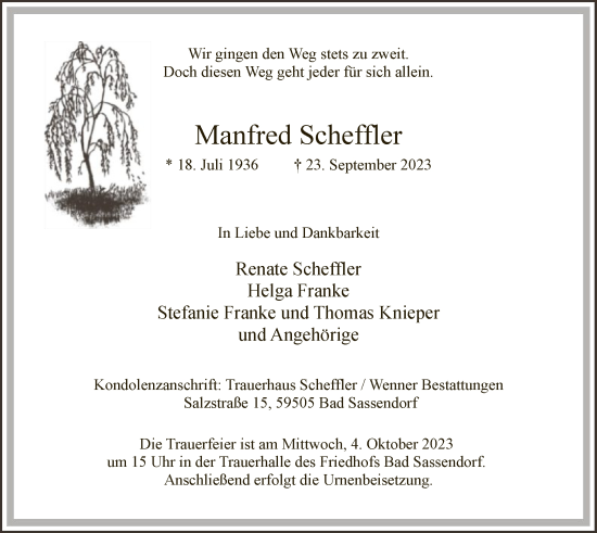 Todesanzeige von Manfred Scheffler von WA